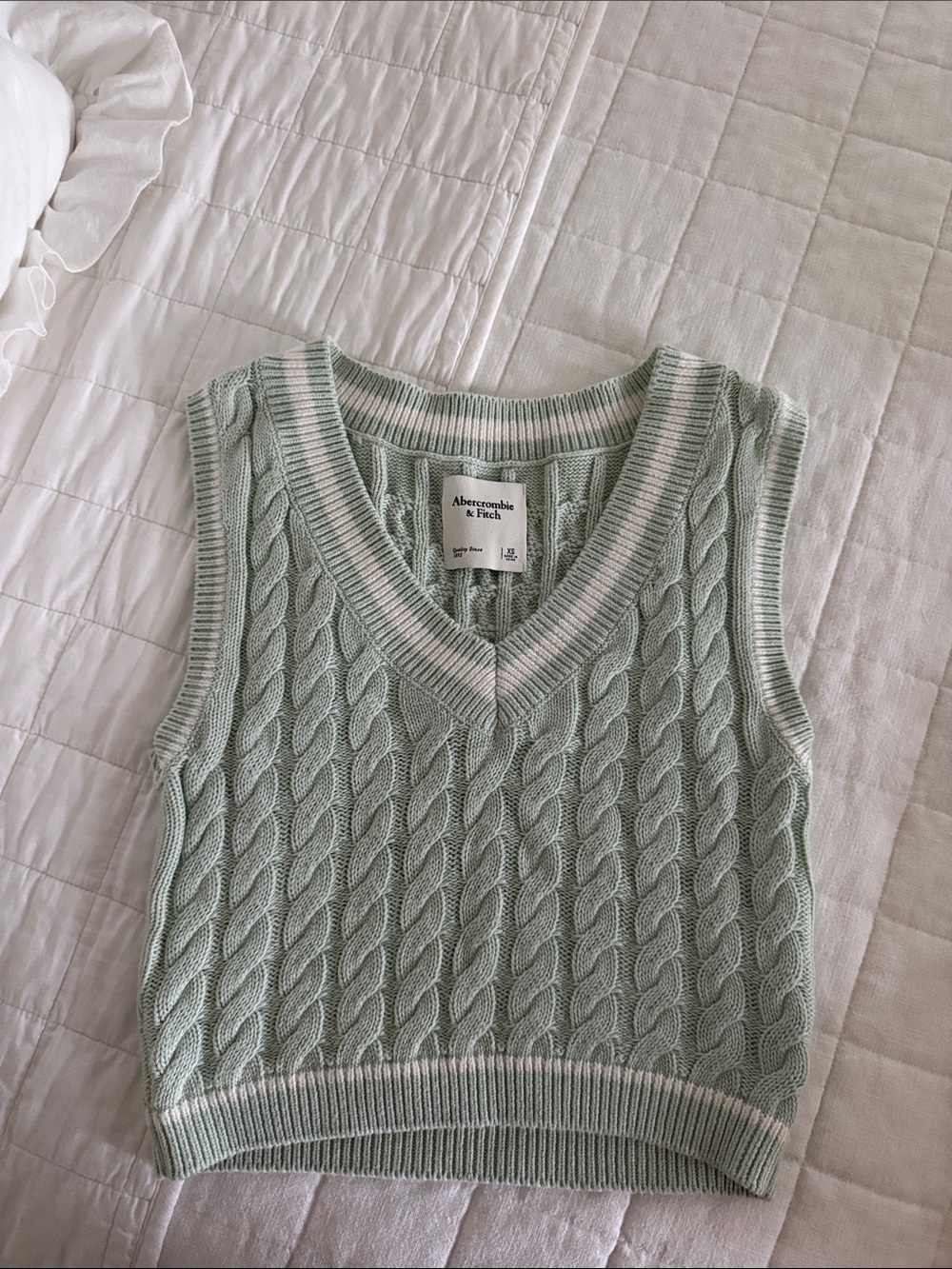 Abercrombie & Fitch Mint Cable-Knit V-Neck Sweater Vest with Pink & White Trim